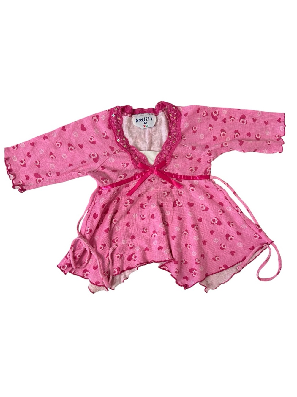 Anxiety for Kids vintage 90s Hot Pink Heart Print Long Sleeve Babydoll Top Shirt